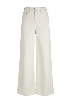 Pantalones de mezclilla blancos de pierna ancha con una cintura alta, dos bolsillos frontales y cierre de botón. La tela tiene una textura suave.