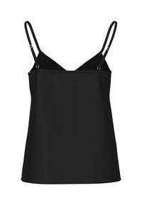 Black camisole top made of smooth fabric, featuring thin adjustable straps and a relaxed fit with a classic round neckline.