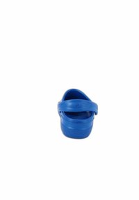 Blue rubber sandal with a back strap, textured sole, and smooth upper. Features ventilation holes for breathability.