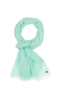 Une écharpe vert menthe en tissu doux, avec une texture lisse, des bords frangés et un petit logo en accent. Enroulée en boucle.