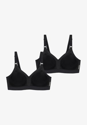 Deux soutiens-gorge noirs en tissu lisse et mat. Dotés d'un panneau en maille au centre et de bretelles réglables. Comprend un accent de marque doré.