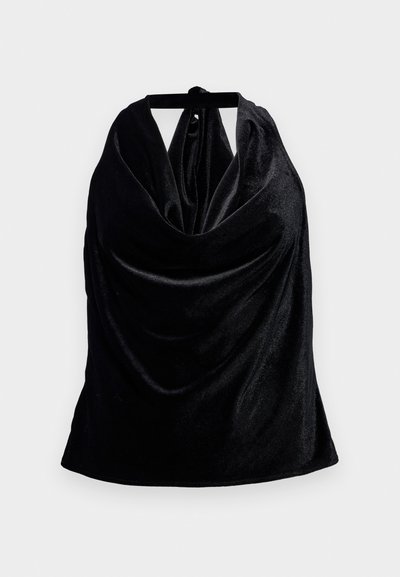 Black halter top made of soft, draped fabric. Features a tie at the neck and a smooth, shiny texture. Simple design with no patterns.