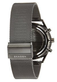 Un orologio in acciaio inossidabile nero con cinturino a rete, dotato di una chiusura metallica e di un quadrante rotondo testurizzato con tre pulsanti.