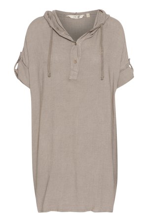 Lichtbeige hoodie met korte mouwen, voorzien van een knoopsluiting en trekkoorddetails. Gemaakt van een zachte, gestructureerde stof.