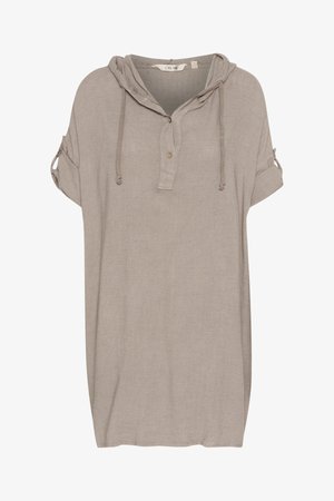 Maglietta beige chiara con cappuccio e maniche corte, con un'arricciatura a bottoni e dettagli con cordoncino. Realizzata in un morbido tessuto testurizzato.