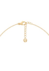 Goldene Kettenarmband mit einem Karabinerverschluss, ausgestattet mit einer Verlängerungskette und einem kleinen Anhänger mit Logo. Glatte Textur und glänzende Oberfläche.