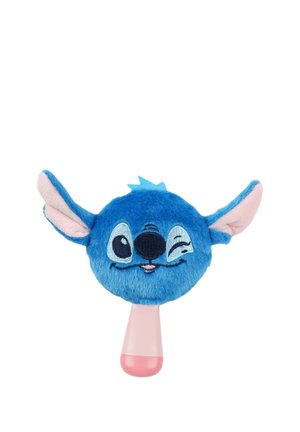 Blauw pluchen karakterhoofd met grote oren en een knipogend oog aan een roze handvat, ontworpen als een handraat voor baby's.