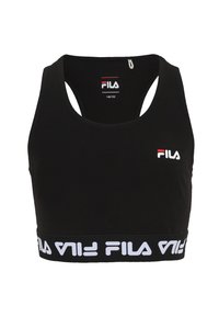 Svart atletisk crop-top i stretchmaterial, med en vit logotyp och märkning på en bred kant i fållen, med rundad halsringning.