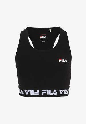 Musta urheilullinen crop-top, joka on valmistettu joustavasta kankaasta. Siinä on valkoinen logo ja brändäys leveällä nauhalla helman kohdalla sekä pyöreä kaula-aukko.