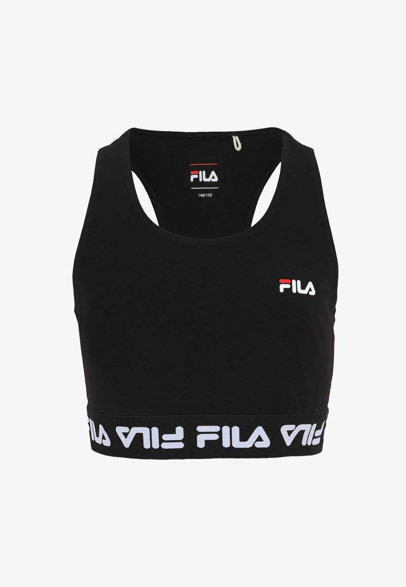 Sort atletisk crop top lavet af strækstof, med et hvidt logo og branding på en bred kant ved kanten, og en rund udskæring.