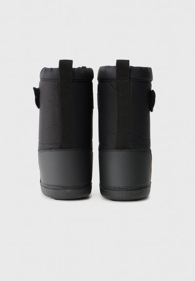 Black padded winter boots with a matte rubber sole, adjustable straps, and a smooth texture, featuring a rounded cuff and rear pull tab.