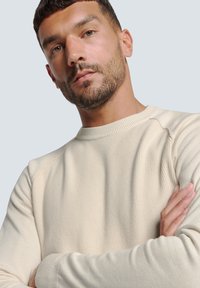 Beige textuur sweatshirt met een ronde hals, geribbelde manchetten en schoudernaden. Model poseert met de armen gekruist tegen een lichte achtergrond.