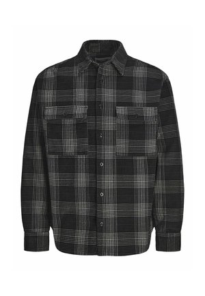 Zwarte en grijze geruite flanellen shirt met lange mouwen, twee borstzakken en knoopsluiting. Gestructureerde stof en geweven patroon.