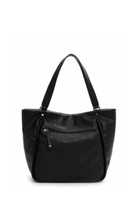 Sac cabas en cuir noir à texture douce, doté de deux bretelles et d'une poche avant zippée. Sa forme arrondie améliore la fonctionnalité.