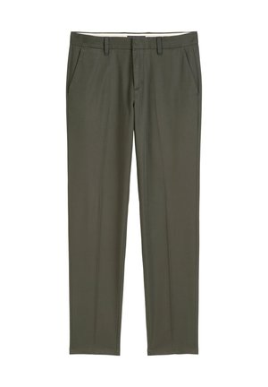 Olive green tailored trousers made from lightweight fabric, featuring a flat front, two side pockets, and subtle crease detailing.