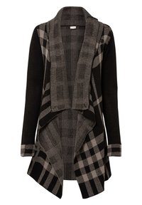 Cardigan a scacchi nero e grigio con apertura frontale, colletto drappeggiato e tessuto a maglia testurizzato. Presenta motivi a scacchi a contrasto sulle maniche.