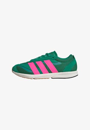 Green athletic shoes with pink stripes, mesh upper material, rounded toe, rubber sole, and light cushioning for comfort.