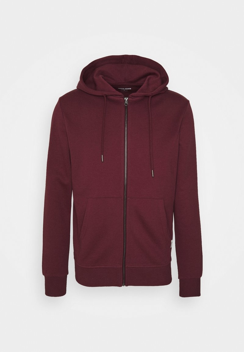 Burgundy zip-up hoodie i mjukt tyg, med dragsko i huvan, framfickor och ribbade ärmslut med en slät yta.