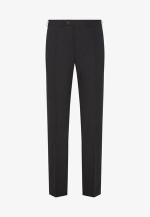 Black tailored trousers made from formal fabric, featuring a straight cut, front pleats, and a single-button closure. Minimalist design details.