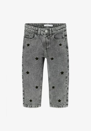Jeans in denim grigio con applicazioni a forma di stella nere. Presentano cinque tasche, chiusura con bottone e una linea dritta.