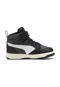 Zapatilla deportiva alta hecha de cuero sintético negro con acentos blancos, que presenta una correa de velcro, diseño con cordones y suela texturada.