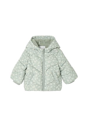 Helles blauer Kinder-Pufferjacke mit Kapuze, weißem Blumenmuster, Frontreißverschluss und zwei Taschen.