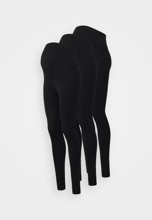 Drei schwarze Leggings aus dehnbarem Stoff; mit einem hohen Taillenbund, glatter Textur und figurbetontem Design.