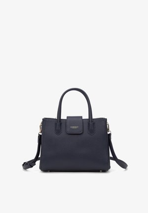 Borsa a mano in pelle blu navy con doppio manico superiore, tracolla removibile, patta frontale e dettagli in ottone dorato. Finitura testurizzata.