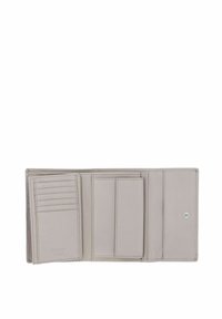 Portefeuille en cuir gris clair avec plusieurs emplacements pour cartes, un compartiment central, un logo distinctif et des détails de couture.