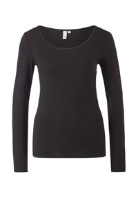 Långärmad svart topp med rundad halsringning, tillverkad av mjukt bomullstyg, med en figurnära design och en enkel, sömlös finish.