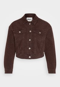 Bruin denim jack met een luipaardprint. Beschikt over een kraag, een cropped ontwerp, voorzakken, knoopsluiting en metalen accenten in zilverkleur.
