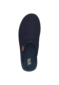 Marineblaue Schlupfschuhe aus strukturiertem Obermaterial, mit weicher Innenausstattung und einem braunen Lederakzent an der Öffnung. Robuste Gummisohle.