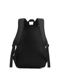 Zaino nero con schienale in mesh imbottito, spallacci regolabili e tasche laterali. Design semplice senza branding o motivi visibili.