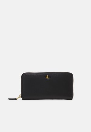 Black leather wallet with a smooth texture, gold logo detail on the front, and a zip closure along the side. Compact and rectangular shape.