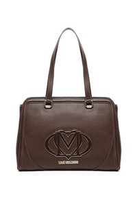 Donkerbruine leren handtas met twee schouderbanden, ronde hoeken en een groot metallic Love Moschino-logo aan de voorkant.