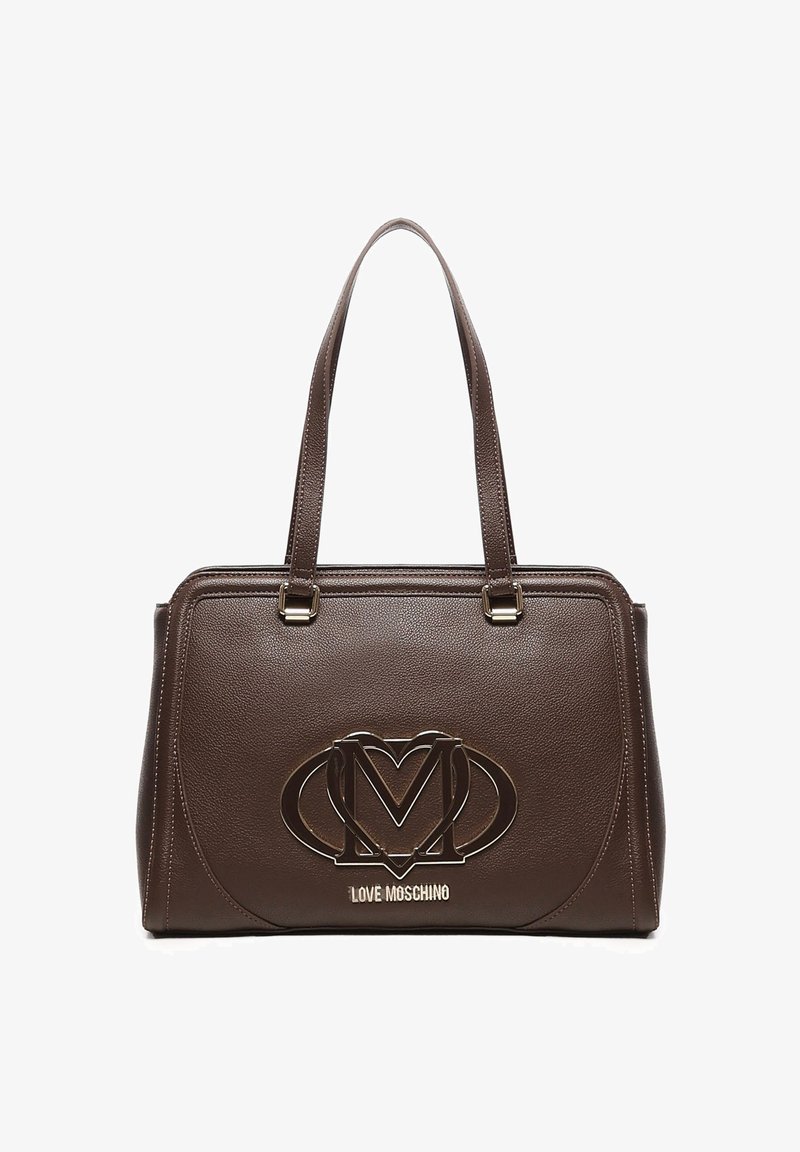 Donkerbruine leren handtas met twee schouderbanden, ronde hoeken en een groot metallic Love Moschino-logo aan de voorkant.