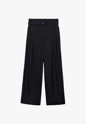 Wide-leg black trousers with a belted waist, featuring front pleats, a smooth texture, and a loose fit for comfort and ease of movement.