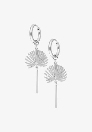 Silver hoop earrings featuring delicate palm leaf designs with a crystal accent, complemented by a hanging straight bar.