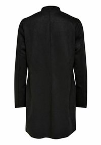 Cappotto lungo in suede nero con colletto arrotondato, maniche lunghe e cucitura posteriore pulita. La texture appare morbida e opaca.