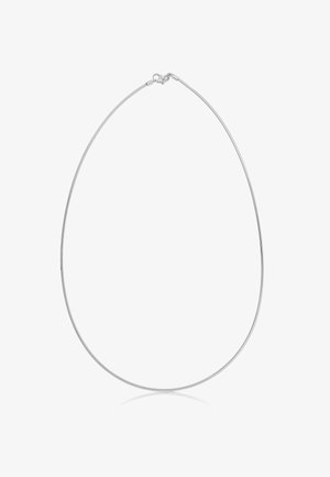 Collana a catena con maglie a forma di serpente in metallo argento, con una texture liscia e chiusura a moschettone sicura. Il design è minimalista e curvo.