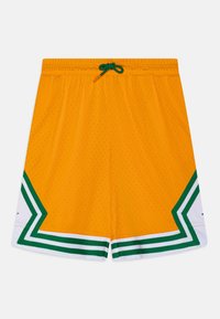 Oranžové síťované basketbalové šortky se zelenými a bílými pruhovanými akcenty a stahovacími šňůrkami v pase. Disponují prodyšnou, perforovanou tkaninou.