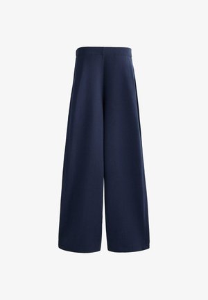 Pantaloni a gamba larga blu navy con cintura elastica, lunghezza completa, design semplice e senza tasche o decorazioni visibili.