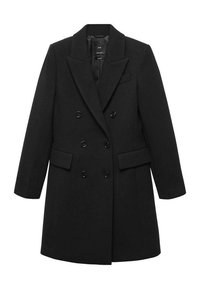 Manteau en laine noir croisé avec revers crantés, poches avant à rabat et manches longues, conçu pour une coupe ajustée.