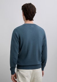 Blauwe gebreide trui met een ronde hals en geribbelde manchetten, gezien van achteren. Zachte textuur en een licht comfortabele pasvorm.