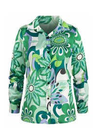 Zelená květinová košile na zapínání s lesklou látkou, velkými abstraktními vzory a klasickým límečkem s černými knoflíky. Dlouhé rukávy zahrnuty.