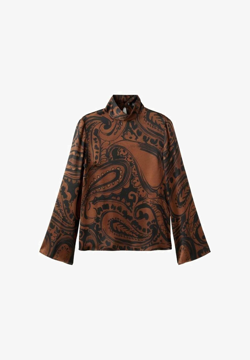 Blouse marron et noire à manches longues avec col montant et grand motif paisley abstrait.