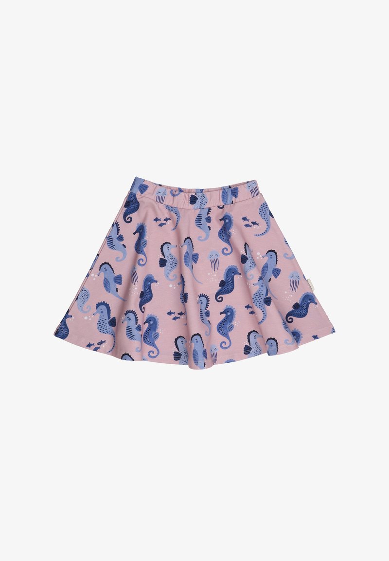 Pink skirt featuring a playful seahorse pattern in shades of blue. Soft fabric with an elastic waistband and a flared silhouette.