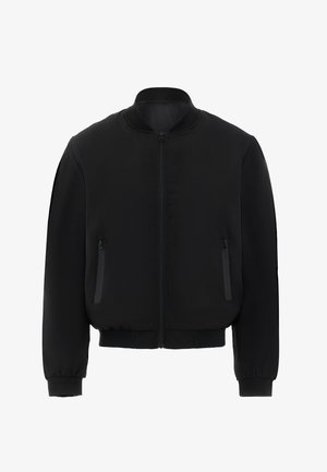 Black bomber jacket made from smooth fabric, featuring a front zipper, two side pockets, and a ribbed collar and cuffs.