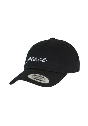 Black adjustable cap with a curved brim. Features white embroidered text "peace" on the front. Made of fabric with a textured finish.
