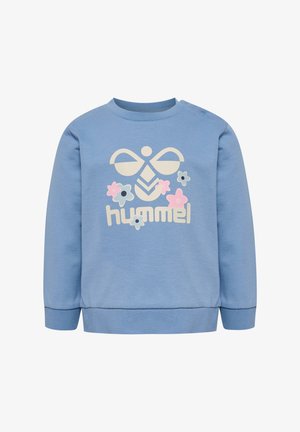Blauwe katoenen sweatshirt met lange mouwen, voorzien van een witte grafische afbeelding van een strik en bloemen, en het woord "hummel" in vette letters.